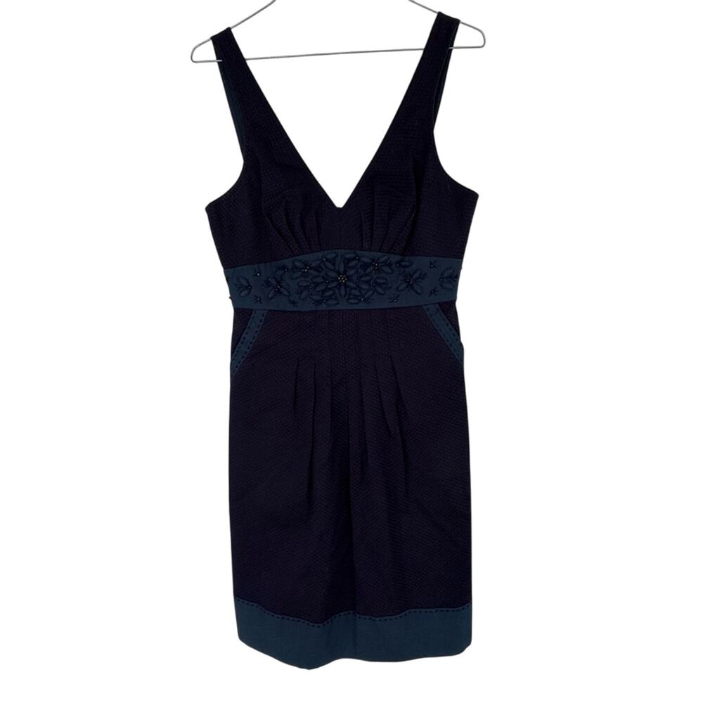 Rebecca Taylor Navy Blue Beaded Embellished V-Neck Dress Sz 6 Classic Old Money